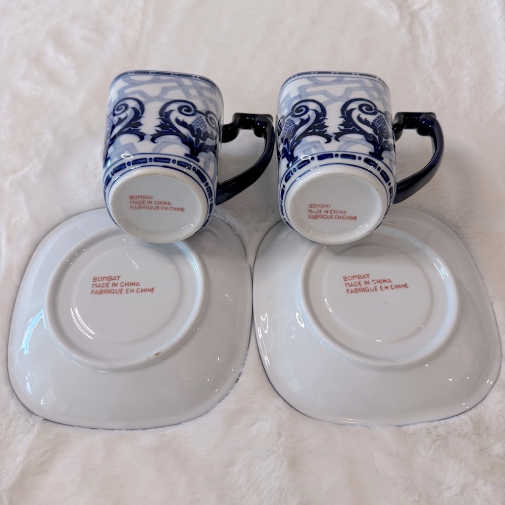 Chinoiserie BOMBAY Windsor Set of 2 Mugs & Saucers, Navy Blue & White - Picture 7 of 12